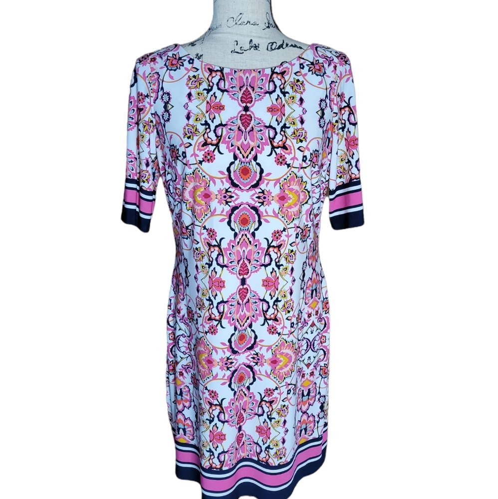 Eliza‎ J shift geometrical floral pink blue white dress 8 medium Cocktail Event